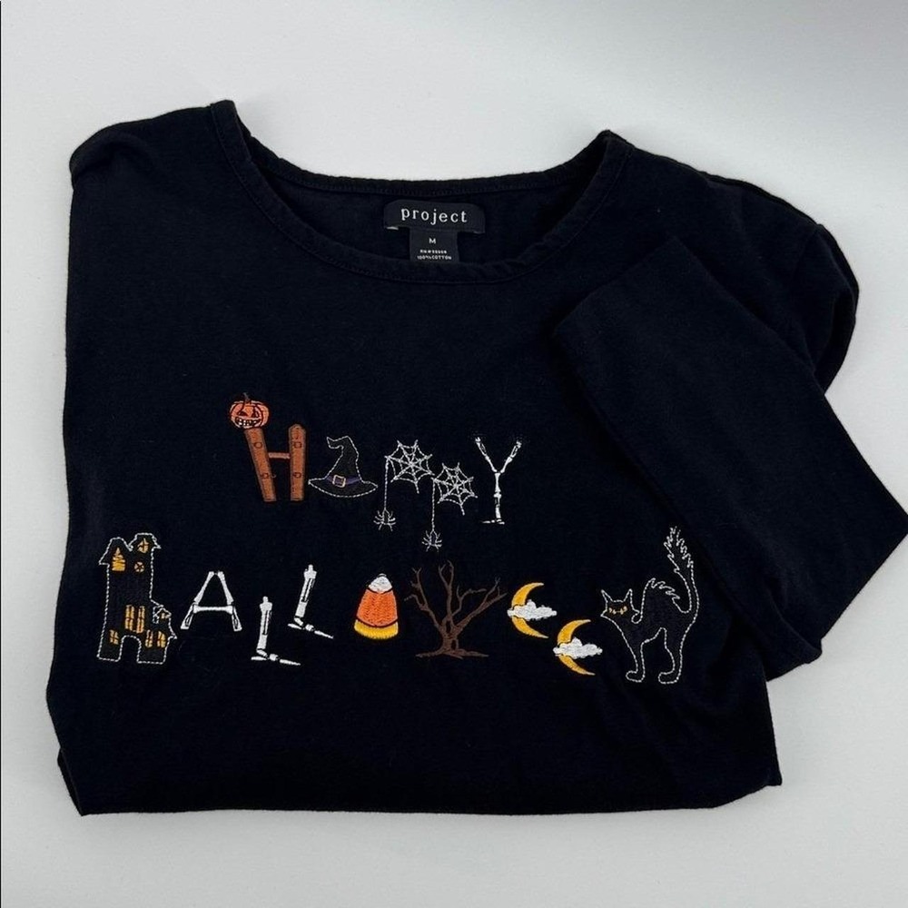Project Happy Halloween Embroidered Black Long-sleeve Tee Size M - Picture 3 of 8